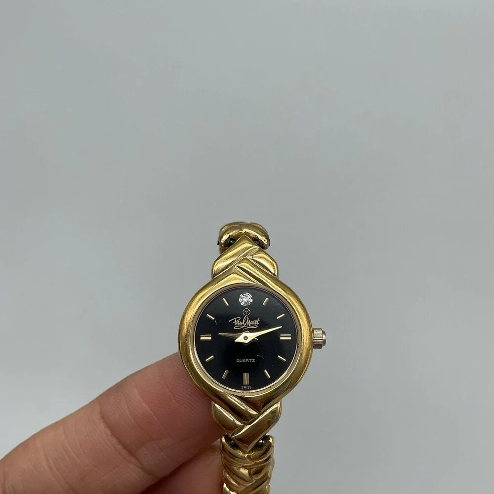 Paul Monet 2164 Womens Watch 19mm Black Dial Gold Tone Crystal New Battery 7.25